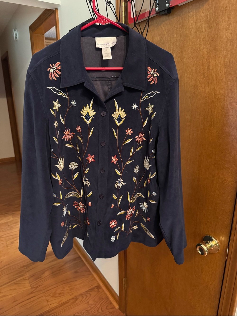 Susan Graver Navy Embroidered Button-Front Top